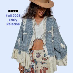 POL Brand New Release Ruffles Denim Stars & Moon Rag Patches Open Cardigan